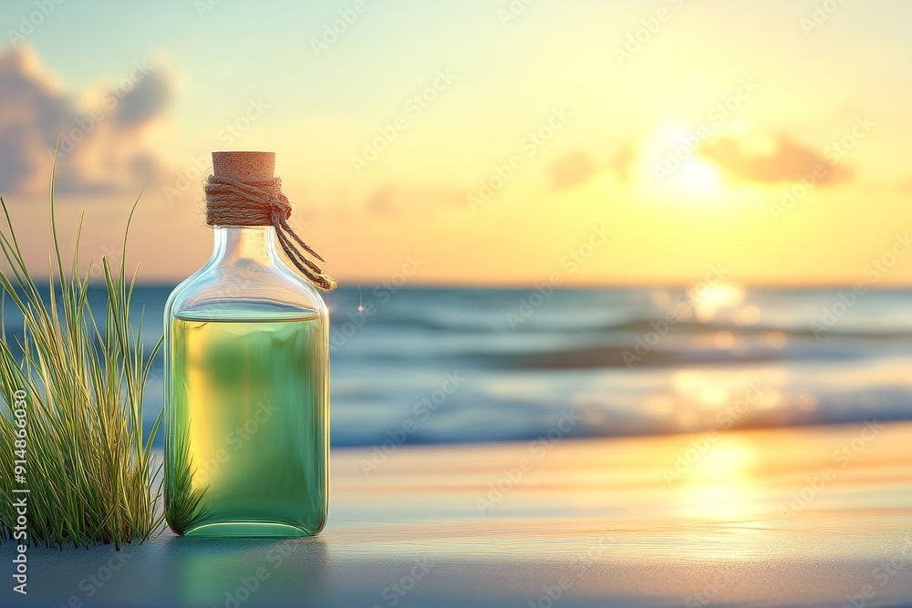 Poster sunset casts a warm glow over a tranquil beach scene with a glass bottle capturing the last rays of 