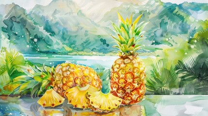 Watercolor Pineapple Painting with Mountain Landscape