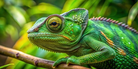 Obraz premium Close up photo of a green chameleon blending into its natural habitat , reptile, chameleon, camouflage, nature, wildlife