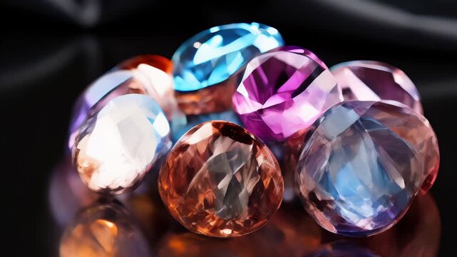 Colorful gemstones arranged artfully on a reflective surface in a close-up capture taken in natural light