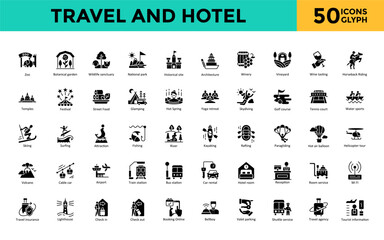 Travel and Hotel icon set with zoo, botanical garden, wildlife sanctuary, national park, historical site, architecture, winery, vineyard, wine tasting, horseback riding icon. Simple glyph vector 
