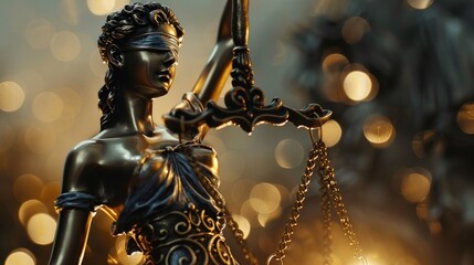 Fototapeta premium Lady Justice Statue with Golden Bokeh Background