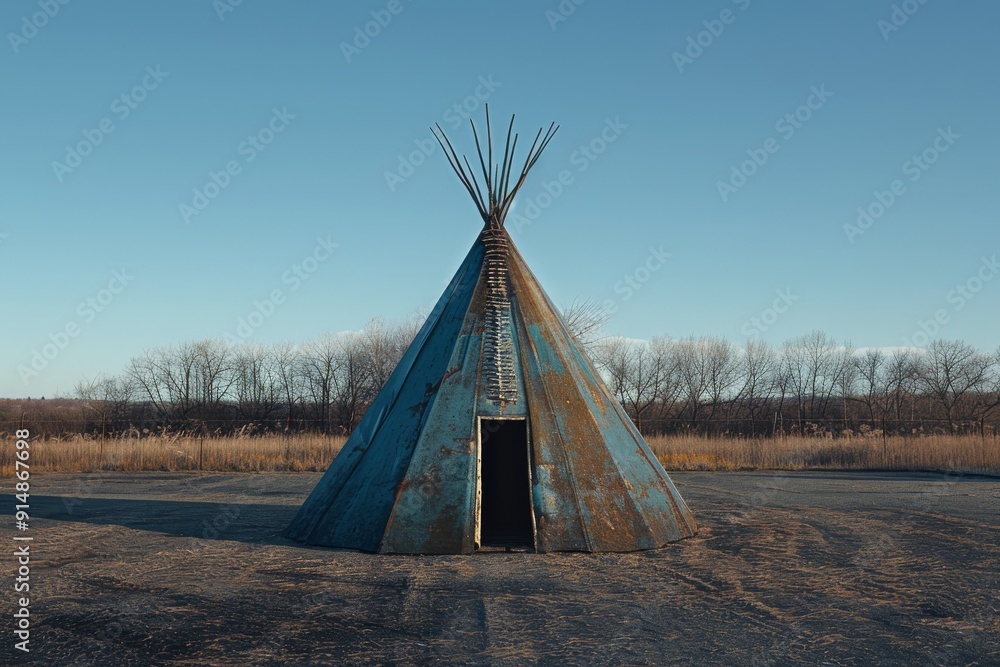 Aufkleber Majestic tipi adorned with colorful tribal patterns stands proudly on a snowy field blending art and functionality.