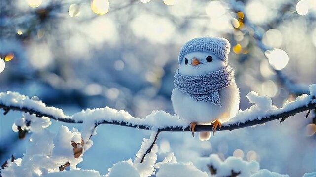 Zooming in on a snowbird wearing a scarf and hat sitting on a snow covered branch on a winter day.