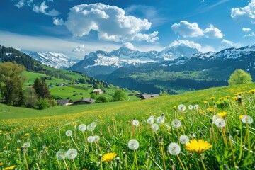 Alpine Meadow with Dandelions and Snow-Capped Mountains