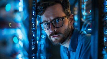 A high-tech photo of an engineer configuring virtual machines on the server, focused expression, detailed server equipment, organized cables in the background, modern server room.