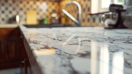 Fototapeta premium Close-up of a Polished Marble Kitchen Countertop