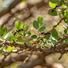 Mutualism between ants and acacia trees in savannahs, wildlife interdependence preservation, plant insect symbiosis