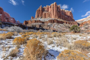Snow covered tipi in a rugged desert landscape at sunset illustrating the adaptability and endurance of traditional shelters.