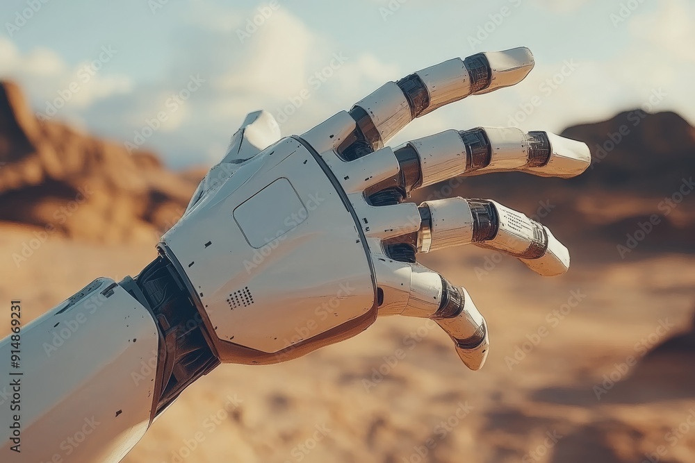 Aufkleber desert exploration robotic hand showcasing remote operation capabilities and resilience in harsh env