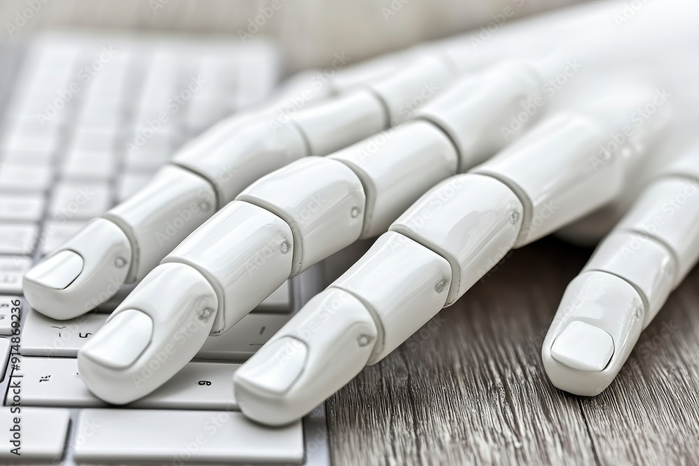 Poster clinical white robotic fingers typing on a keyboard emphasizing efficiency in data entry and digital