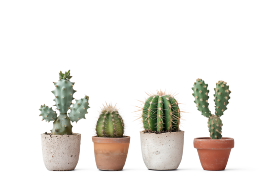 Collection of various cacti in pots with transparent png background for easy editing