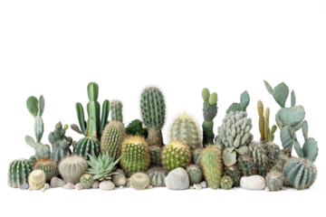 Collection of various cacti and succulents on transparent png background