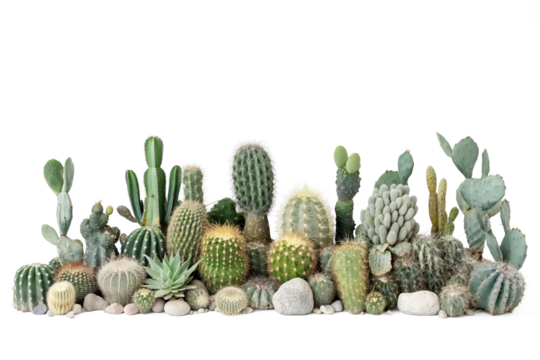 Collection of various cacti and succulents on transparent png background