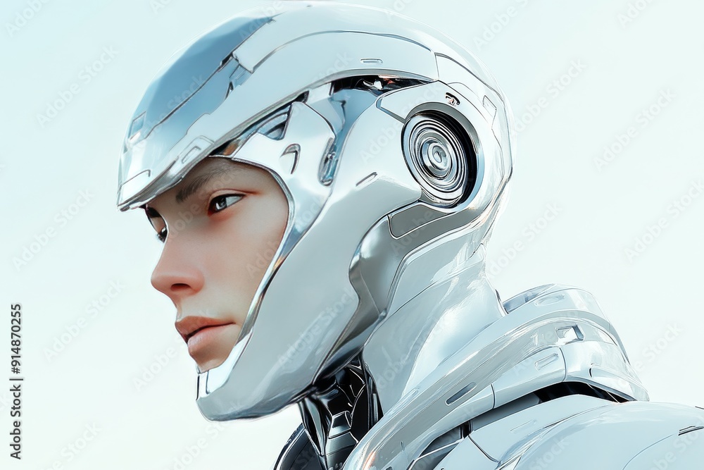 Poster high tech helmeted robot in urban setting illustrating cutting edge personal security and surveillan