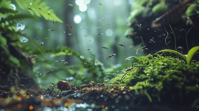 Detailed view of insects and small creatures on a forest floor, forest biosphere protection, microecosystem