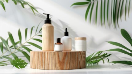 Natural cosmetic display on wooden podium with green plant and white background.