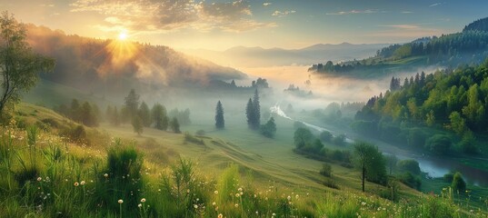 Mountain Landscape at Dawn with Mist and River