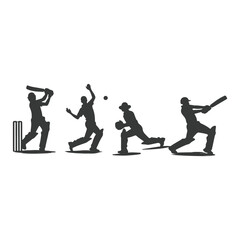 Cricket player, isolated vector silhouette, ink drawing. Cricket logo, Multiple images of a cricket player