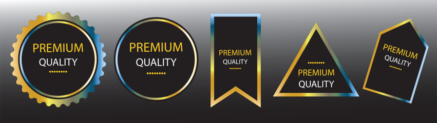Golden luxury labels and banners, gold premium quality certificate ribbons, vector badges. premium quality sticker tags and banners for best
