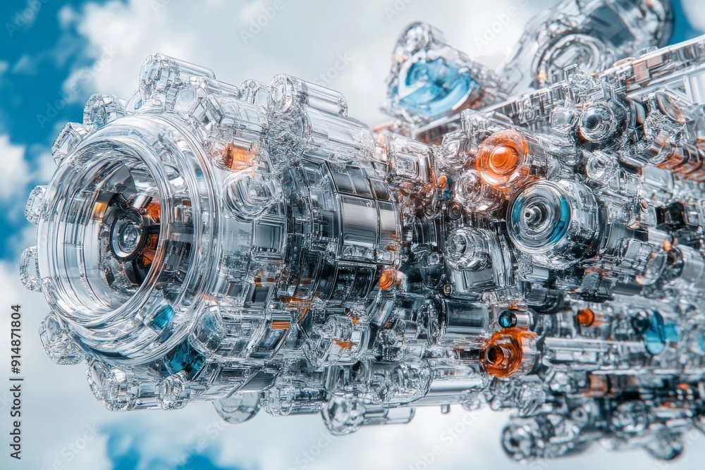 Poster surreal cityscape with robot parts floating amidst icy clouds blending reality with digital imaginat