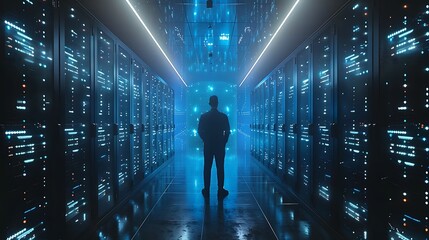 An engineer checking network cables in a futuristic data center, holographic interface visible, glowing server racks, organized and tidy workspace. Cool blue and white lighting, immersive, detailed.