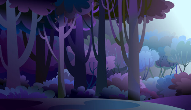 Edge of forest. Night darkness. Twilight of plant. Forest landscape. Scenery with trees. Fun cartoon style. Image vector