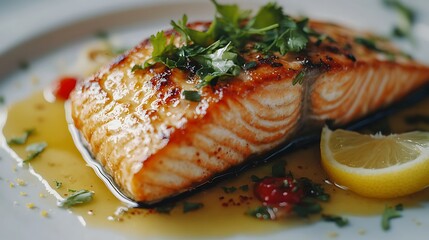 A fresh salmon fish, perfectly plated on a stylish dish, Generative AI