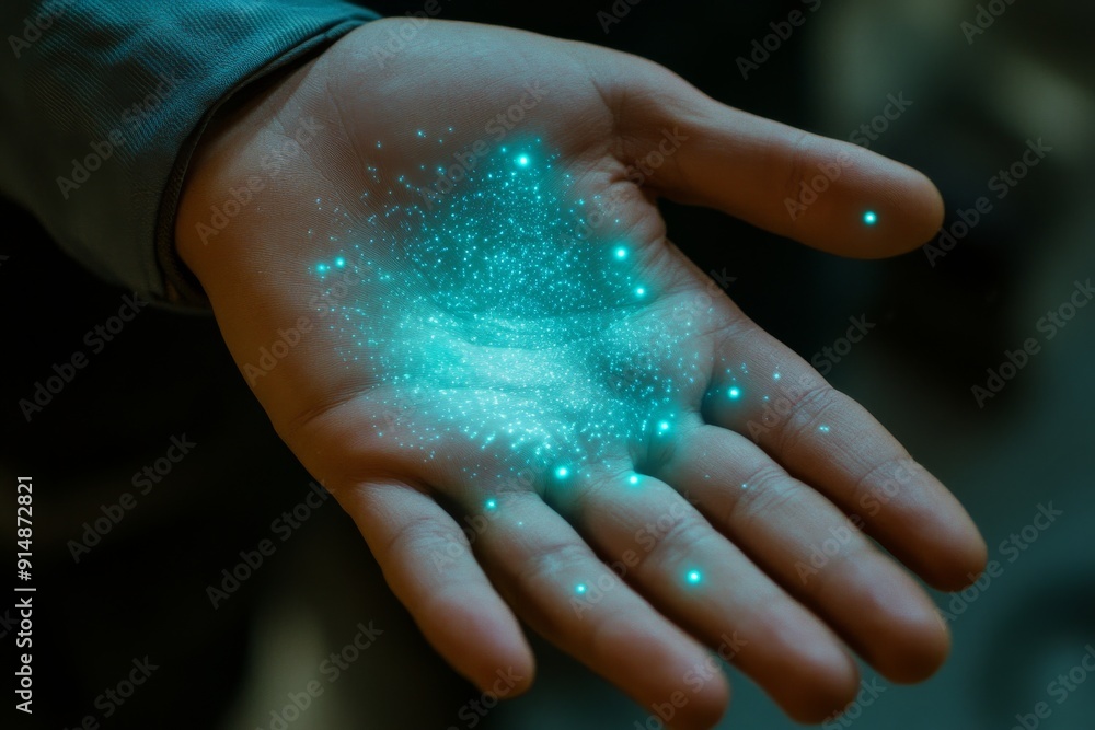 Aufkleber sparkling cyan particles cascading from a humanoid hand depicting digital transformation and connect