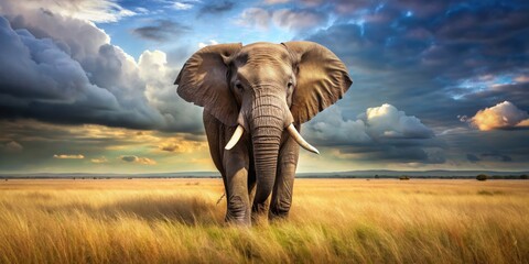 Obraz premium Realistic of a majestic elephant standing in the savannah , African, wildlife, animal, safari, wilderness, nature, big, exotic, mammal