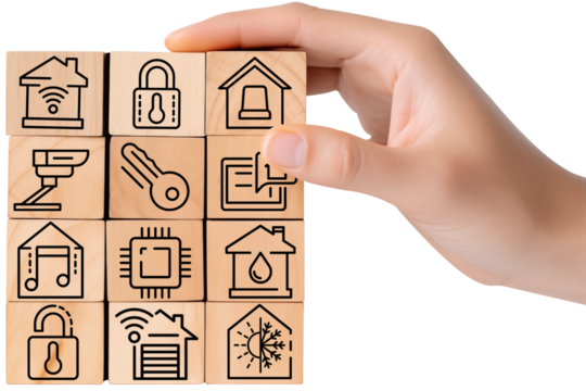 Hand Stacking wooden blocks with Smart Home automation icons PNG isolated on white and transparent background - Wireless Technology Smart Home Security Concept