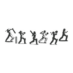 Cricket player, isolated vector silhouette, ink drawing. Cricket logo, Multiple images of a cricket player