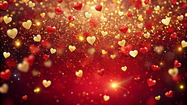 Background with falling particles of red gold glitter. Rain of red confetti, magic light, golden glitter. Valentine's day background. Romantic Abstract Glamorous Particles Glitter Rain Background - Powered by Adobe