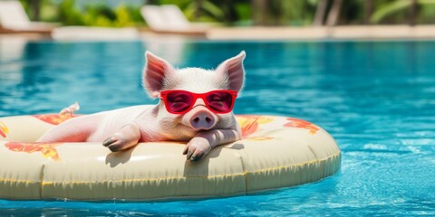 Playful pig in Trendy Red Sunglasses, Lazing on a Float in a Tropical Pool, Symbolizing Fun and Relaxation.