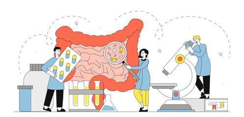 Doctors with intestine. Man and woman in medical uniform with microscope studying intestines. Medical research in laboratory. Diagnosis and treatment. Linear vector illustration