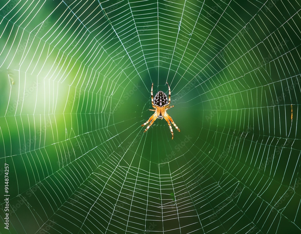 Wall mural macro photo of spider in its web against green background