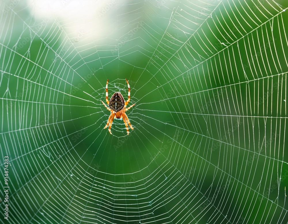 Wall mural macro photo of spider in its web against green background