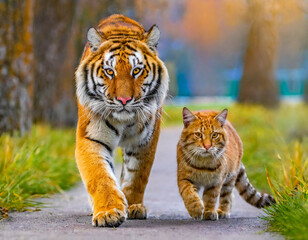Fototapeta premium Animal friendship between a tiger and a cat walking together 