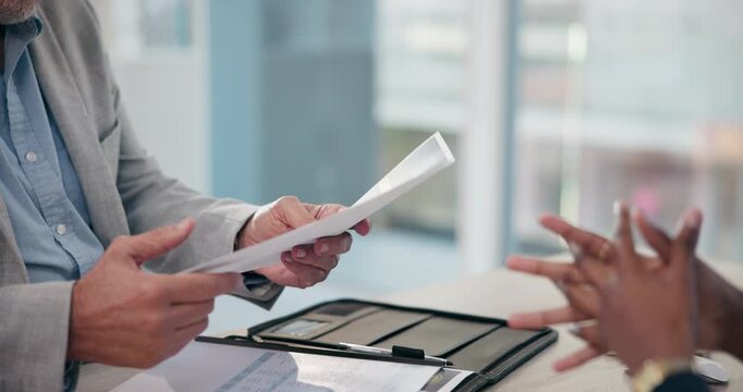 Application, hands and interview with business people in human resources office for hiring or recruitment. CV, documents or resume with manager and candidate talking in office for job opportunity