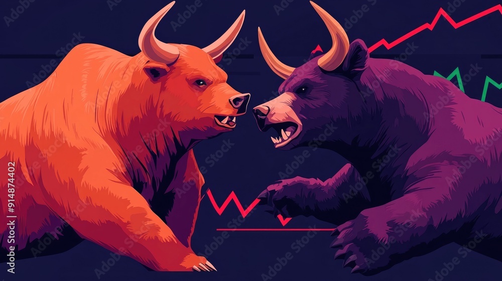 Poster depicting a fierce battle between a bull and bear symbol representing the opposing forces of the mar