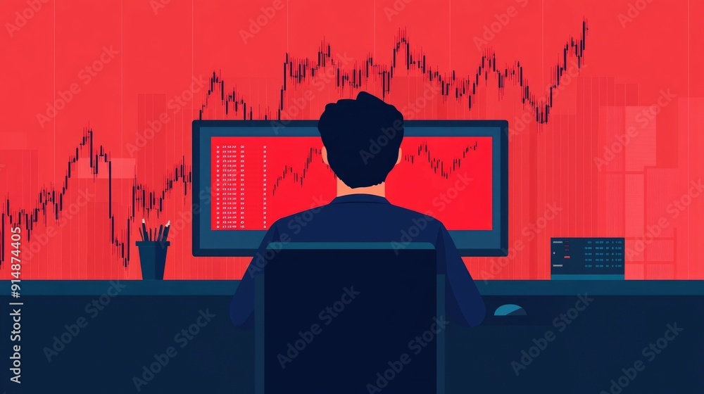 Poster of a man intently studying a sharply declining market graph displayed on his computer screen symboli