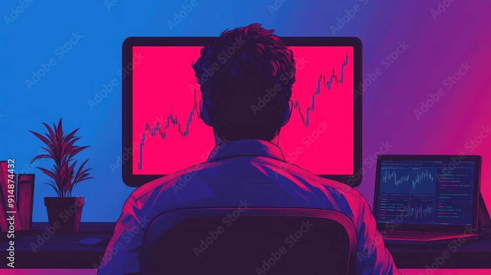 Poster of a man intently looking at a sharply declining market chart on his computer screen representing th