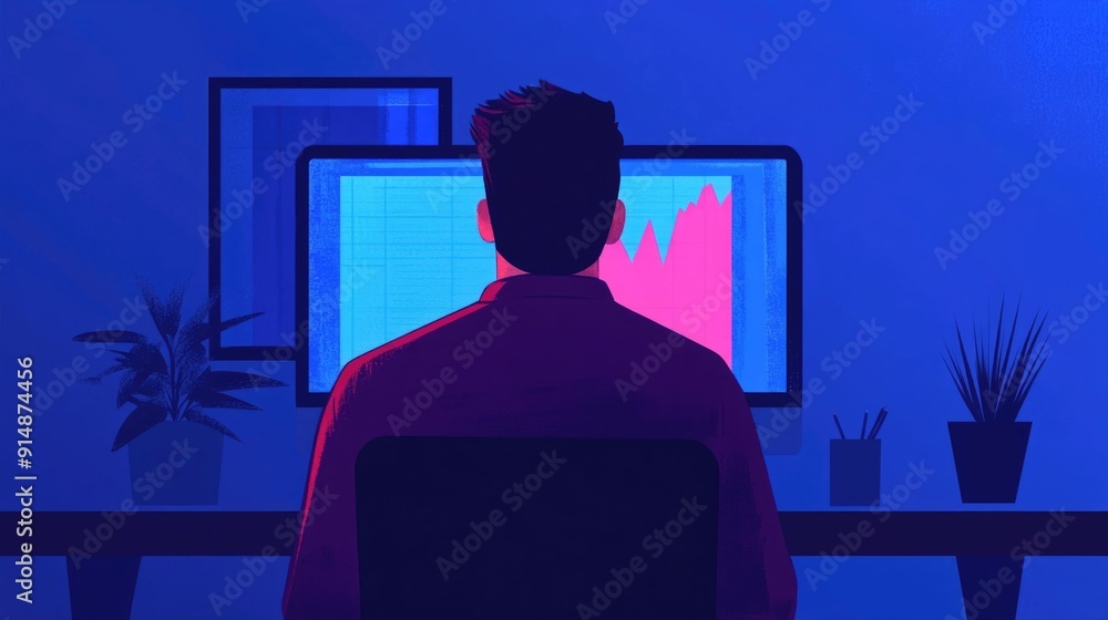Poster of a man intently examining a plummeting market graph on his computer screen depicting the challenge