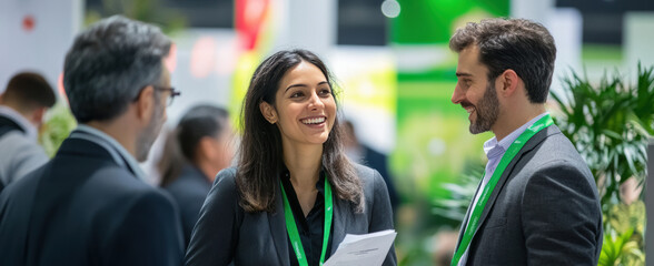 Businesspeople interact energetically at a trade fair, set against a backdrop of bright banners and a lively, diverse audience.