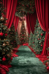 Festive Christmas Tree Pathway Decorated With Red Velvet Curtains and Green Carpet