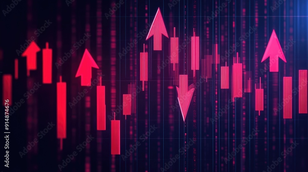 Poster depicting a financial report with red arrows and declining bars representing a market crash or negat