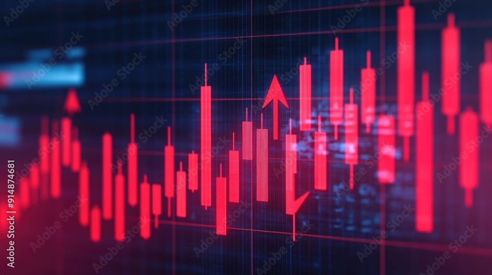Poster depicting a financial report with red arrows and declining bar charts symbolizing the volatility and