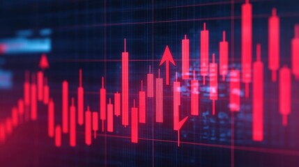 depicting a financial report with red arrows and declining bar charts symbolizing the volatility and negative growth experienced in the market during a period of economic crisis or recession