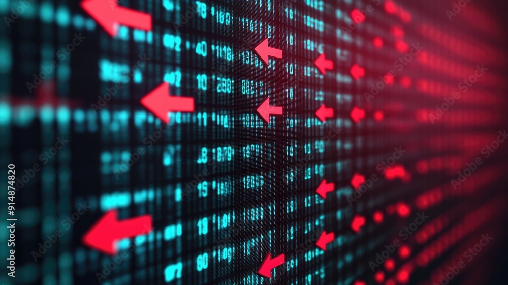 Aufkleber of a market ticker display with declining numerical values and downward trending red arrows represen