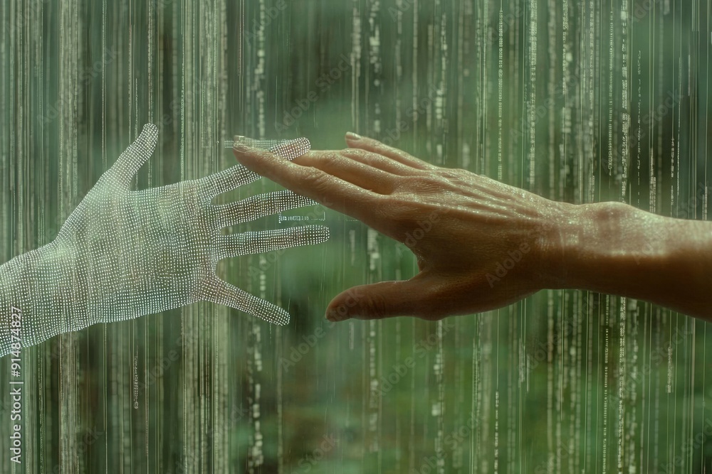 Poster human and robotic hand reaching towards each other through a virtual interface depicting connection 